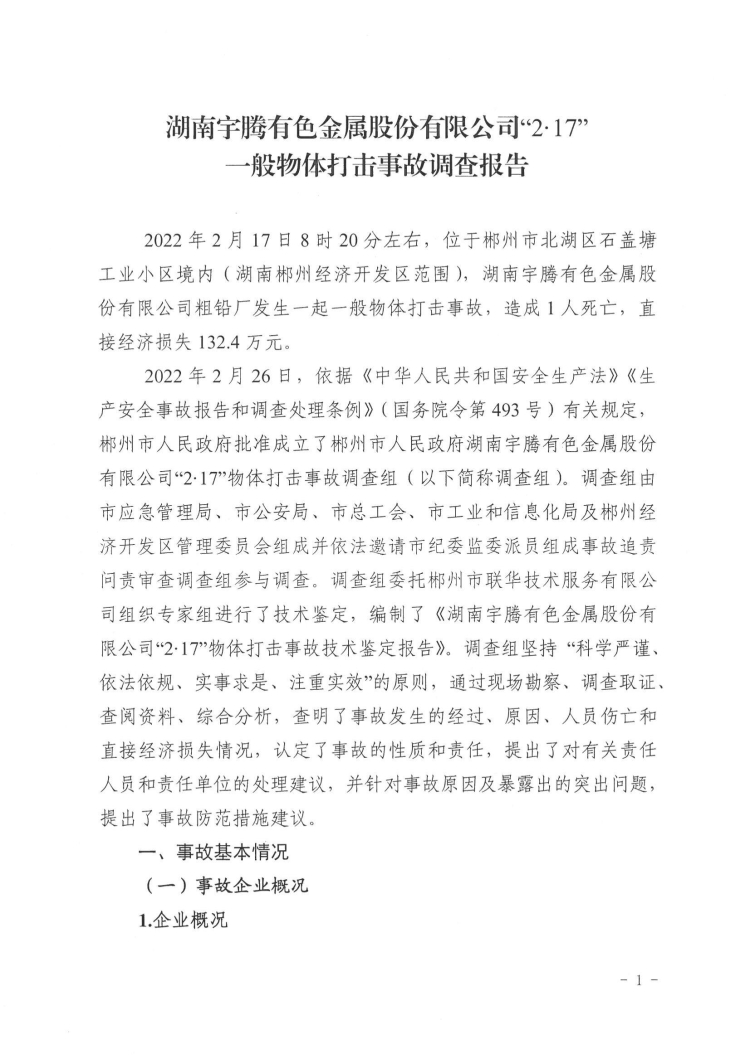 湖南宇騰有色金屬股份有限公司“2·17”一般物體打擊事故調(diào)查報告