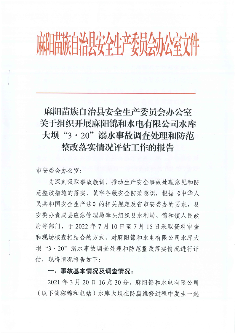 關(guān)于組織開展麻陽錦和水電有限公司水庫大壩“3·20”溺水事故調(diào)查處理和防范整改落實情況評估工作的報告