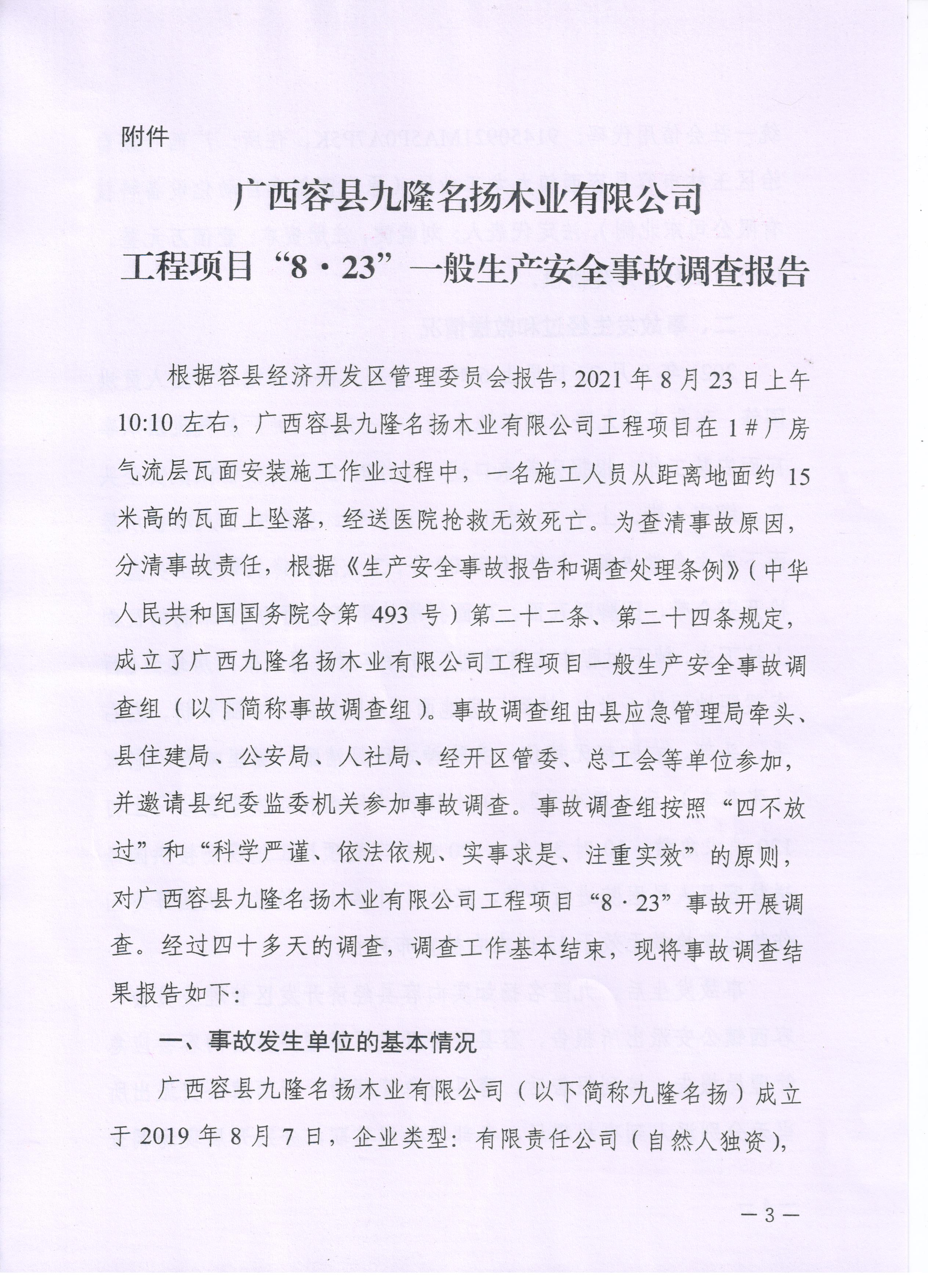 廣西容縣九隆名揚木業有限公司工程項目“8.23”一般生產安全事故調查報告