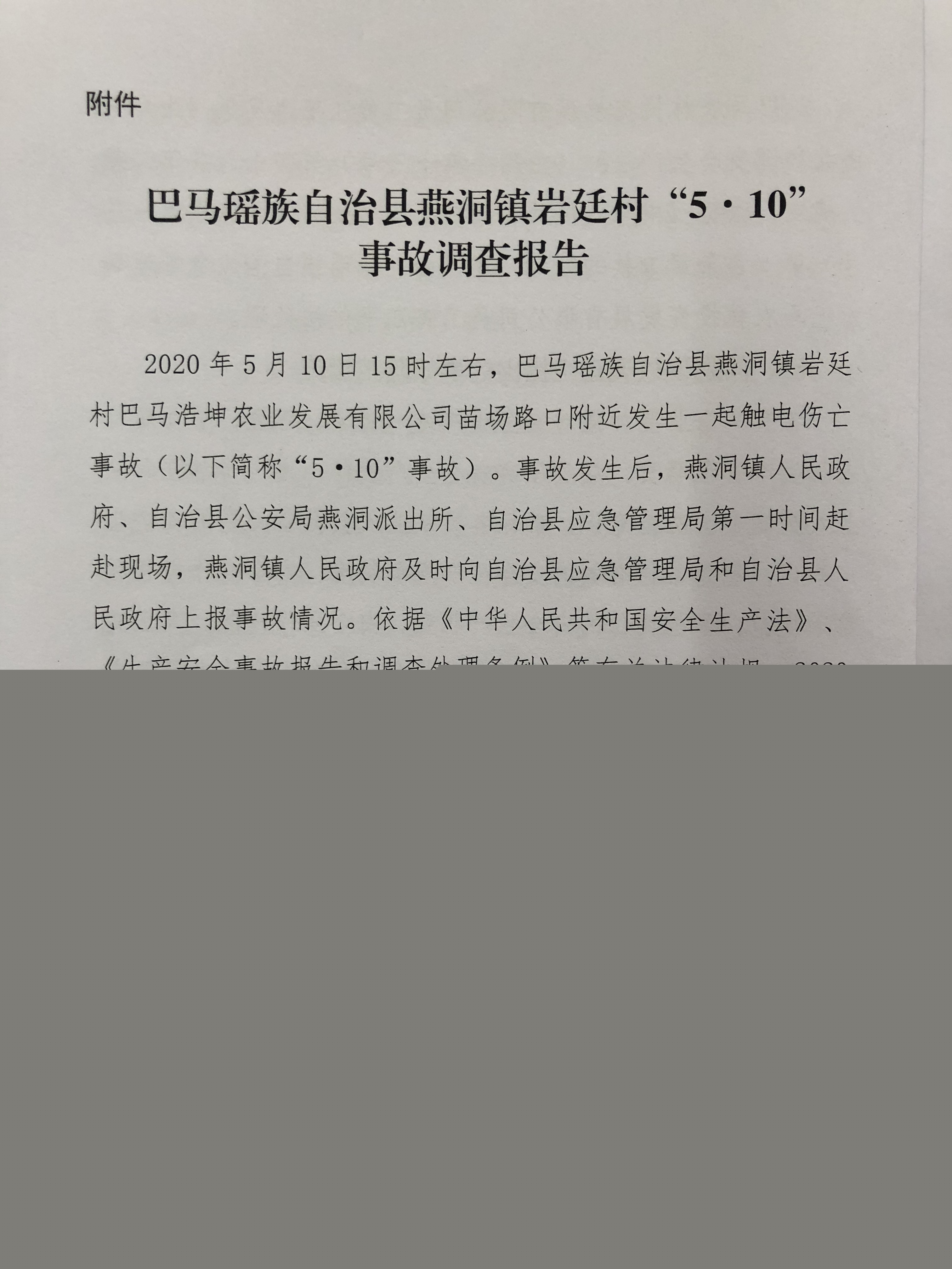 巴馬瑤族自治縣燕洞鎮巖廷村“5·10”事故調查報告
