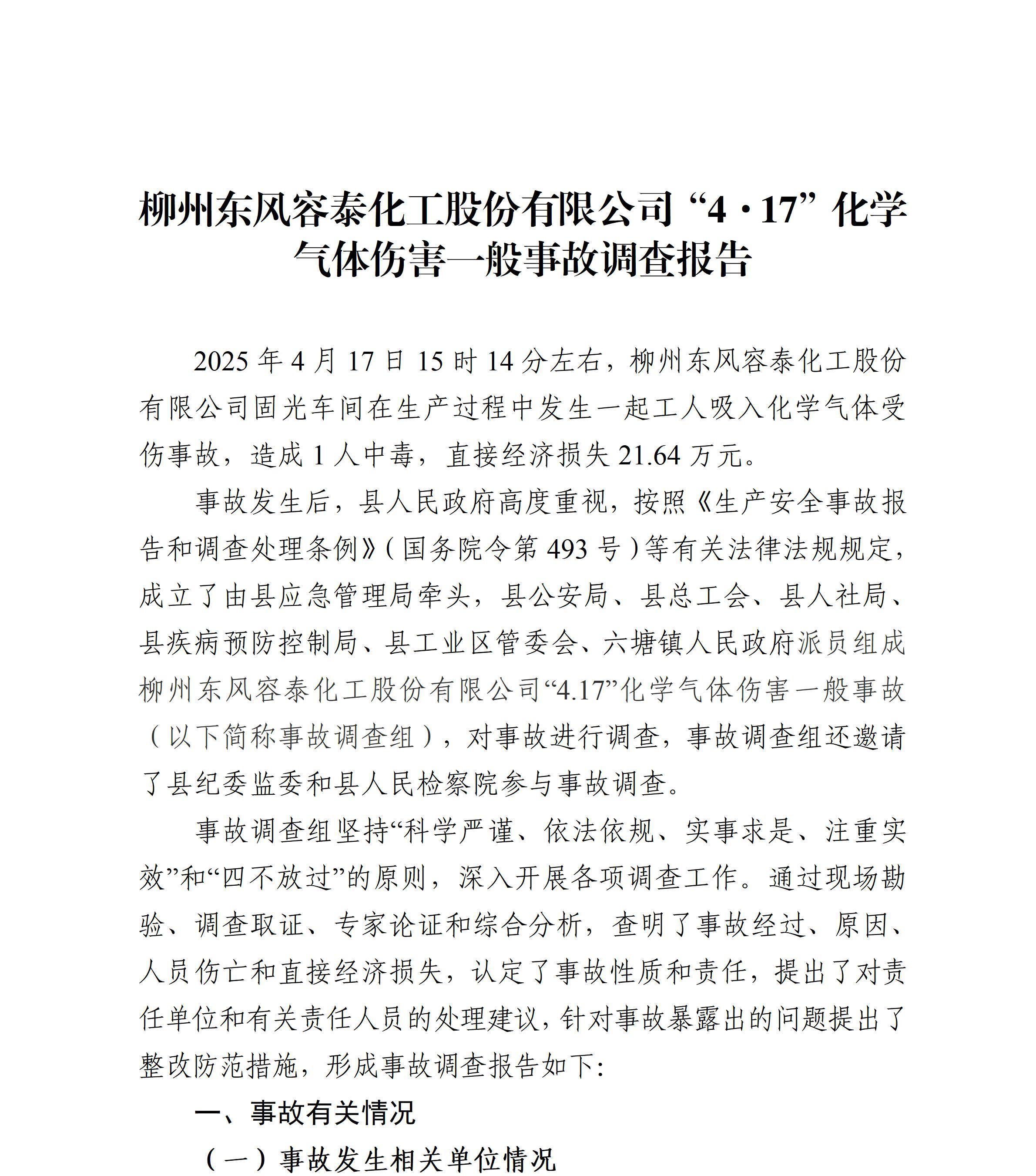 柳州東風容泰化工股份有限公司“4·17”化學氣體傷害一般事故調(diào)查報告