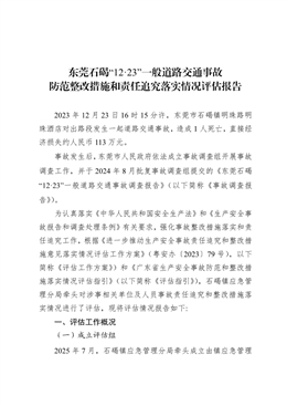 東莞石碣“12·23”一般道路交通事故防范整改措施和責任追究落實情況評估報告