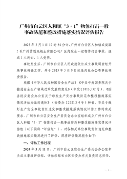 廣州市白云區人和鎮“3·1”物體打擊一般事故防范和整改措施落實情況評估報告