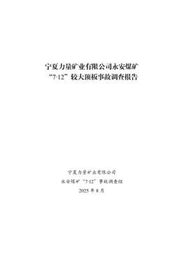 寧夏力量礦業(yè)有限公司永安煤礦“7·12”較大頂板事故調(diào)查報(bào)告