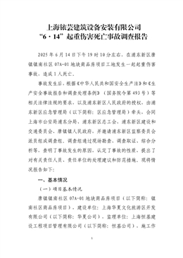 上海銥蕓建筑設備安裝有限公司“6·14”起重傷害死亡事故調(diào)查報告