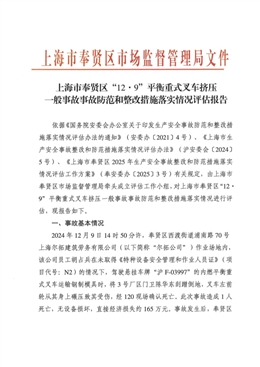 上海市奉賢區(qū)“12?9”平衡重式叉車擠壓一般事故防范和整改措施落實情況評估報告