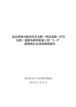 嘉定新城馬陸社區崇文路（阿克蘇路—滬宜公路）道路及橋梁新建工程“3·9”一般物體打擊事故調查報告