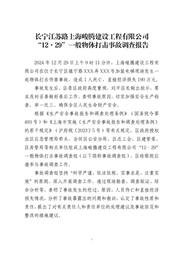 長寧江蘇路上海峻騰建設工程有限公司“12·29”一般物體打擊事故調查報告