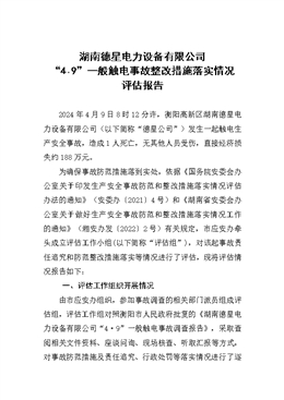 湖南德星電力設(shè)備有限公司“4.9”一般觸電生產(chǎn)安全事故整改措施落實情況評估報告