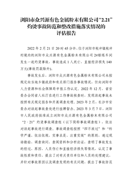 瀏陽市眾興源有色金屬粉末有限公司“2.21”灼燙事故防范和整改措施落實情況的評估報告