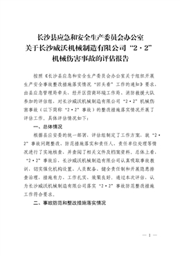 長沙威沃機(jī)械制造有限公司“2·2”一般機(jī)械傷害事故評(píng)估報(bào)告