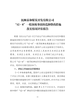 撫順泰和煤炭開(kāi)發(fā)有限公司“12·8”一般頂板事故評(píng)估報(bào)告