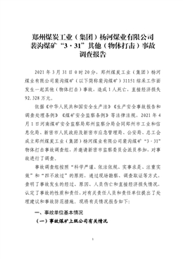 鄭州煤炭工業（集團）楊河煤業有限公司裴溝煤“3·31”其他（物體打擊）事故調查報告