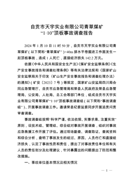 自貢市天宇實業有限公司青草煤礦“1.10”頂板事故調查報告