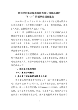 貴州林東煤業(yè)發(fā)展有限責(zé)任公司龍鳳煤礦“8·21”頂板事故調(diào)查報告