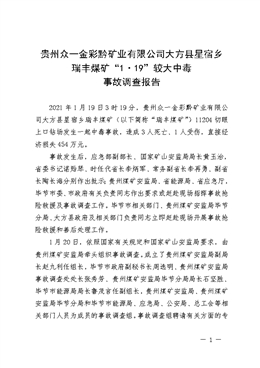 貴州眾一金彩黔礦業(yè)有限公司大方縣星宿鄉(xiāng)瑞豐煤礦“1·19”較大中毒事故調(diào)查報告