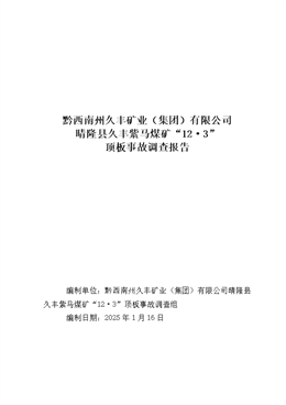 黔西南州久豐礦業（集團）有限公司晴隆縣久豐紫馬煤礦“12·3”頂板事故調查報告
