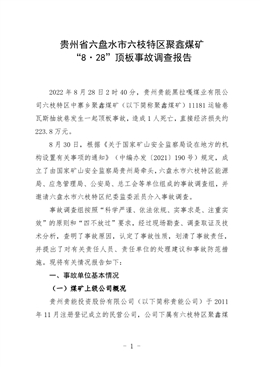 貴州省六盤水市六枝特區聚鑫煤礦“8·28”頂板事故調查報告