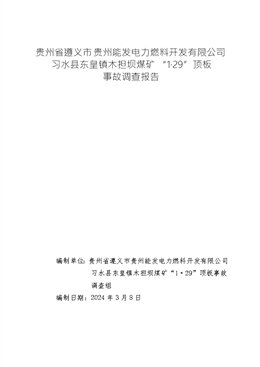 貴州省遵義市貴州能發電力燃料開發有限公司習水縣東皇鎮木擔壩煤礦“1·29”頂板事故調查報告