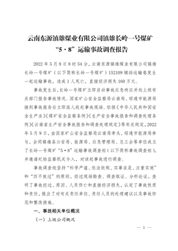 云南東源鎮(zhèn)雄煤業(yè)有限公司鎮(zhèn)雄長嶺一號煤礦“5·8”運輸事故調(diào)查報告