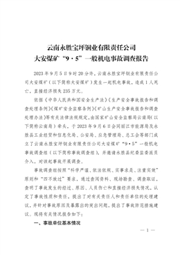 云南永勝寶坪銅業有限責任公司大安煤礦“9·5”一般機電事故調查報告