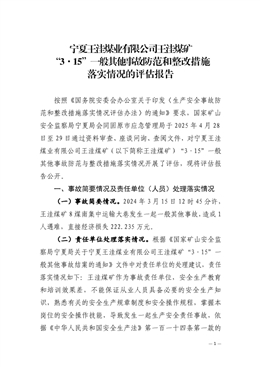 寧夏王洼煤業有限公司王洼煤礦“3·15”一般其他事故防范和整改措施落實情況的評估報告