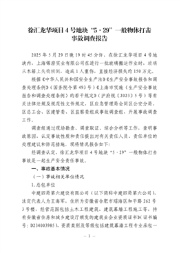 徐匯龍華項(xiàng)目4號(hào)地塊“5·29”一般物體打擊事故調(diào)查報(bào)告