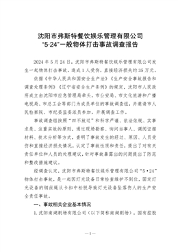 沈陽市弗斯特餐飲娛樂管理有限公司“5·24”一般物體打擊事故調(diào)查報告