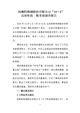 撫順特殊鋼股份有限公司“10·6”高處墜落一般事故調查報告
