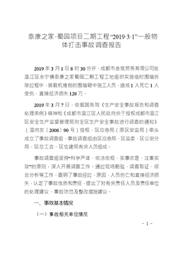 泰康之家·蜀園項目二期工程“2019·3·1”一般物體打擊事故調查報告