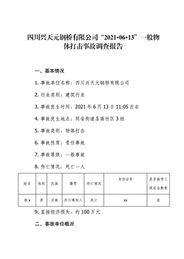 四川興天元鋼橋有限公司“2021·06·13”一般物體打擊事故調查報告
