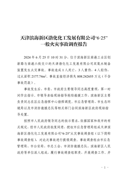 天津濱海新區(qū)渤化化工發(fā)展有限公司“6·25” 一般火災事故調查報告