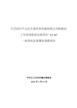 寧河現(xiàn)代產(chǎn)業(yè)區(qū)天津廣恒達機械有限公司新建加工車間及配套設施項目“12·16”一般高處墜落事故調查報告