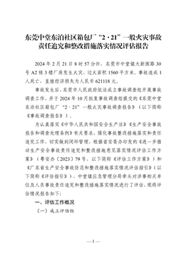 東莞中堂東泊社區(qū)箱包廠“2·21”一般火災(zāi)事故責(zé)任追究和整改措施落實(shí)情況評(píng)估報(bào)告