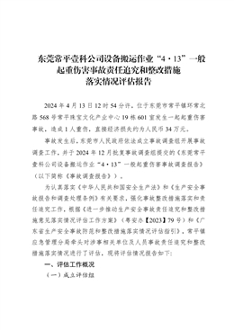 東莞常平壹科公司設備搬運作業“4·13”一般起重傷害事故責任追究和整改措施落實情況評估報告