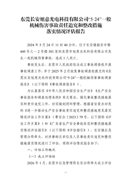 東莞長安旭意光電科技有限公司“5·24”一般機(jī)械傷害事故責(zé)任追究和整改措施落實情況評估報告
