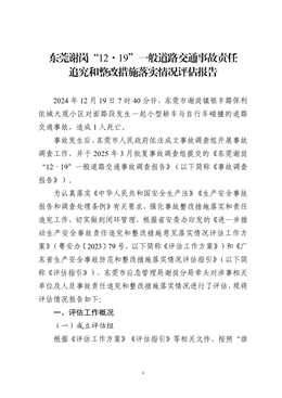 東莞謝崗“12·19”一般道路交通事故責(zé)任追究和整改措施落實情況評估報告