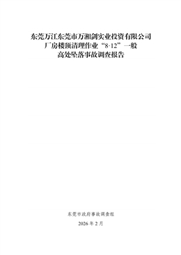 東莞萬江東莞市萬湘劍實業(yè)投資有限公司廠房樓頂清理作業(yè)“8·12”一般高處墜落事故調(diào)查報告