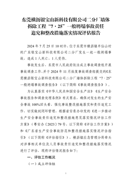 東莞橫瀝銀寶山新科技有限公司二分廠墻體拆除工程“7·25”一般坍塌事故責(zé)任追究和整改措施落實情況評估報告