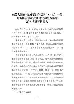 東莞大朗真?zhèn)ゼ徔椘方?jīng)營部“9·12”一般起重傷害事故責(zé)任追究和整改措施落實情況評估報告