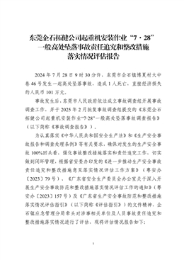 東莞企石拓健公司起重機(jī)安裝作業(yè)“7·28”一般高處墜落事故責(zé)任追究和整改措施落實情況評估報告