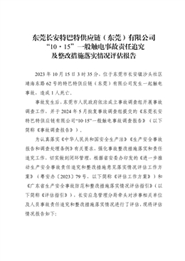 東莞長安特巴特供應鏈（東莞）有限公司“10·15”一般觸電事故責任追究及整改措施落實情況評估報告
