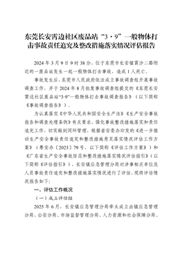 東莞長安霄邊社區廢品站“3·9”一般物體打擊事故責任追究及整改措施落實情況評估報告