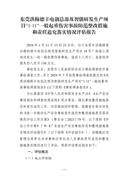 東莞洪梅德豐電創總部及智能研發生產項目“1·11”一般起重傷害事故防范整改措施和責任追究落實情況評估報告
