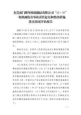 東莞虎門隆堡玻璃制品有限公司“12·31”一般機械傷害事故責任追究和整改措施落實情況評估報告