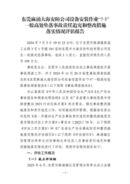 東莞麻涌大海安防公司設備安裝作業“7·5”一般高處墜落事故責任追究和整改措施落實情況評估報告