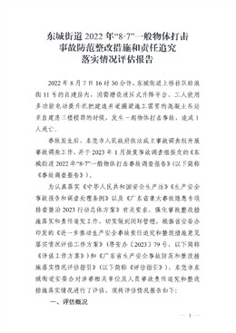 東城街道2022年“8.7”一般物體打擊事故防范整改措施和責任追究落實情況評估報告