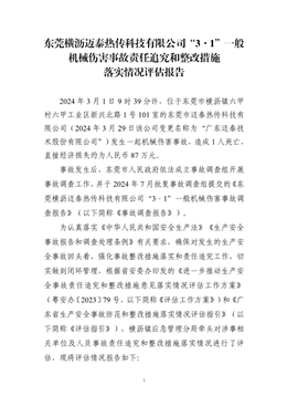 東莞橫瀝邁泰熱傳科技有限公司“3·1”一般機械傷害事故責任追究和整改措施落實情況評估報告