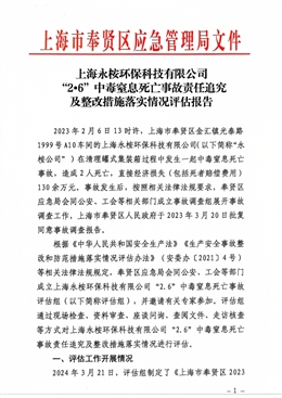 關于上海永桉環保科技有限公司“2·6”中毒窒息死亡事故責任追究及整改措施落實情況的評估報告