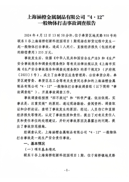 關于上海涵橙金屬制品有限公司“4·12”一般物體打擊事故調查處理情況的報告